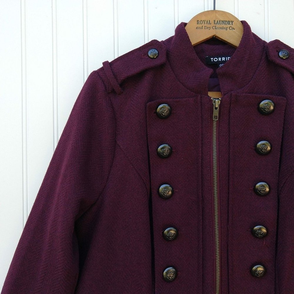 Torrid Burgundy Zip Military Coat Size 10 00 New Button Front Flared High Neck - Picture 4 of 13